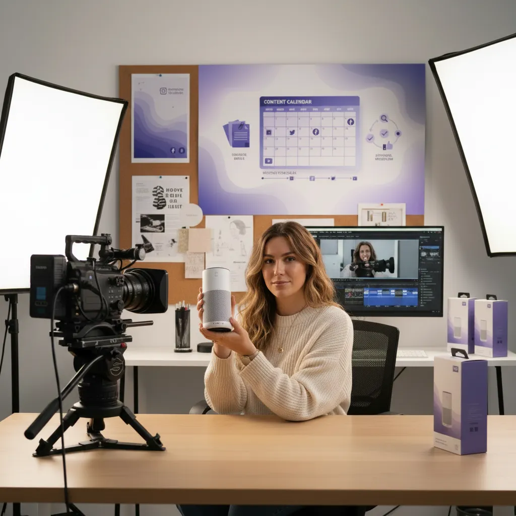 Creator managing campaign content in a video production studio