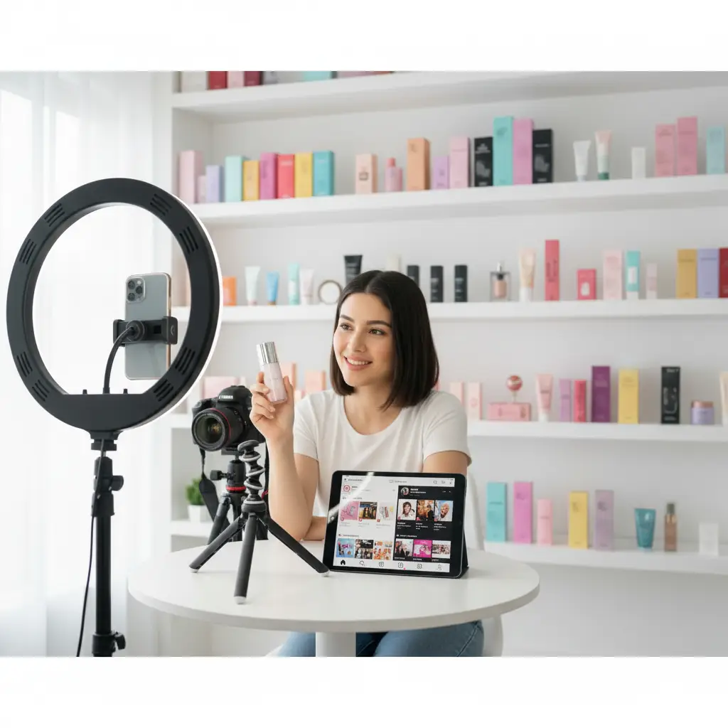 Creator filming social commerce content with a ring light