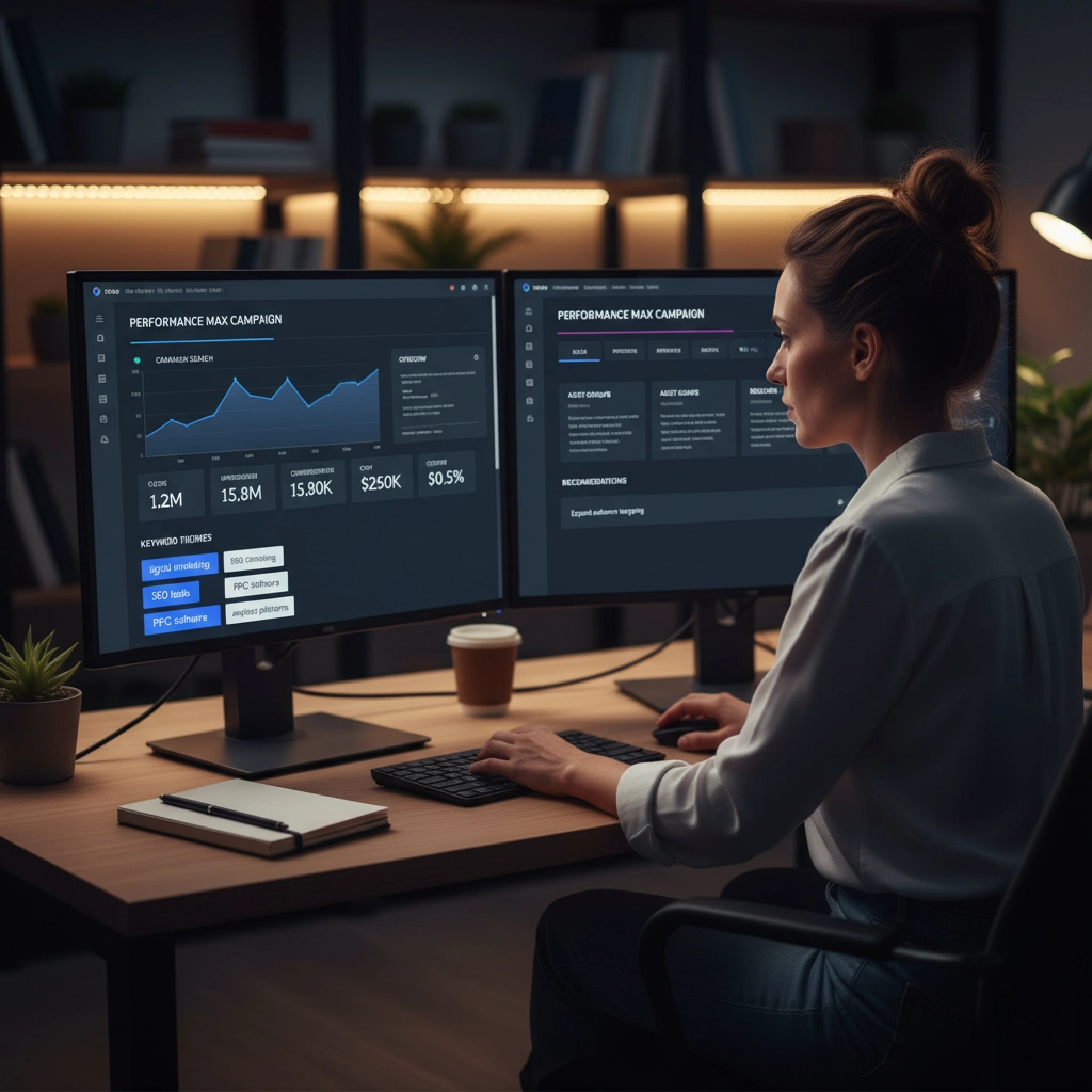 Analyst managing search and Performance Max campaigns on dual monitors