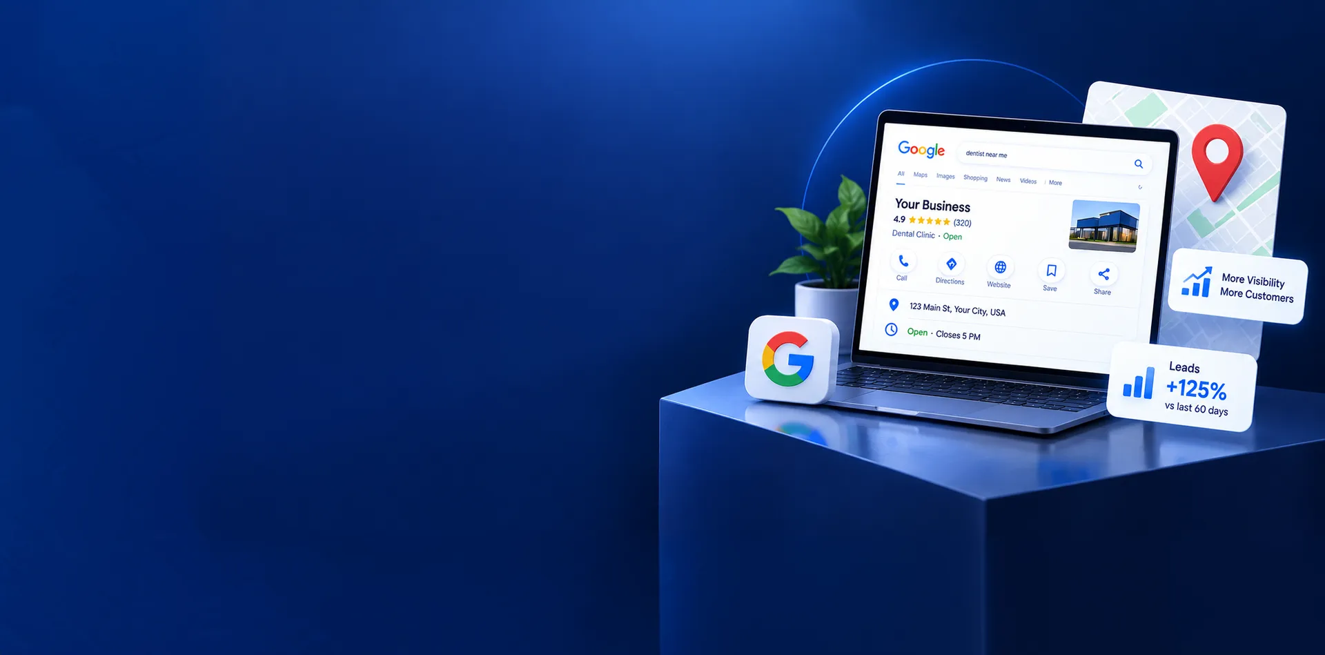 Google Business Profile listing on a laptop with Map Pack results