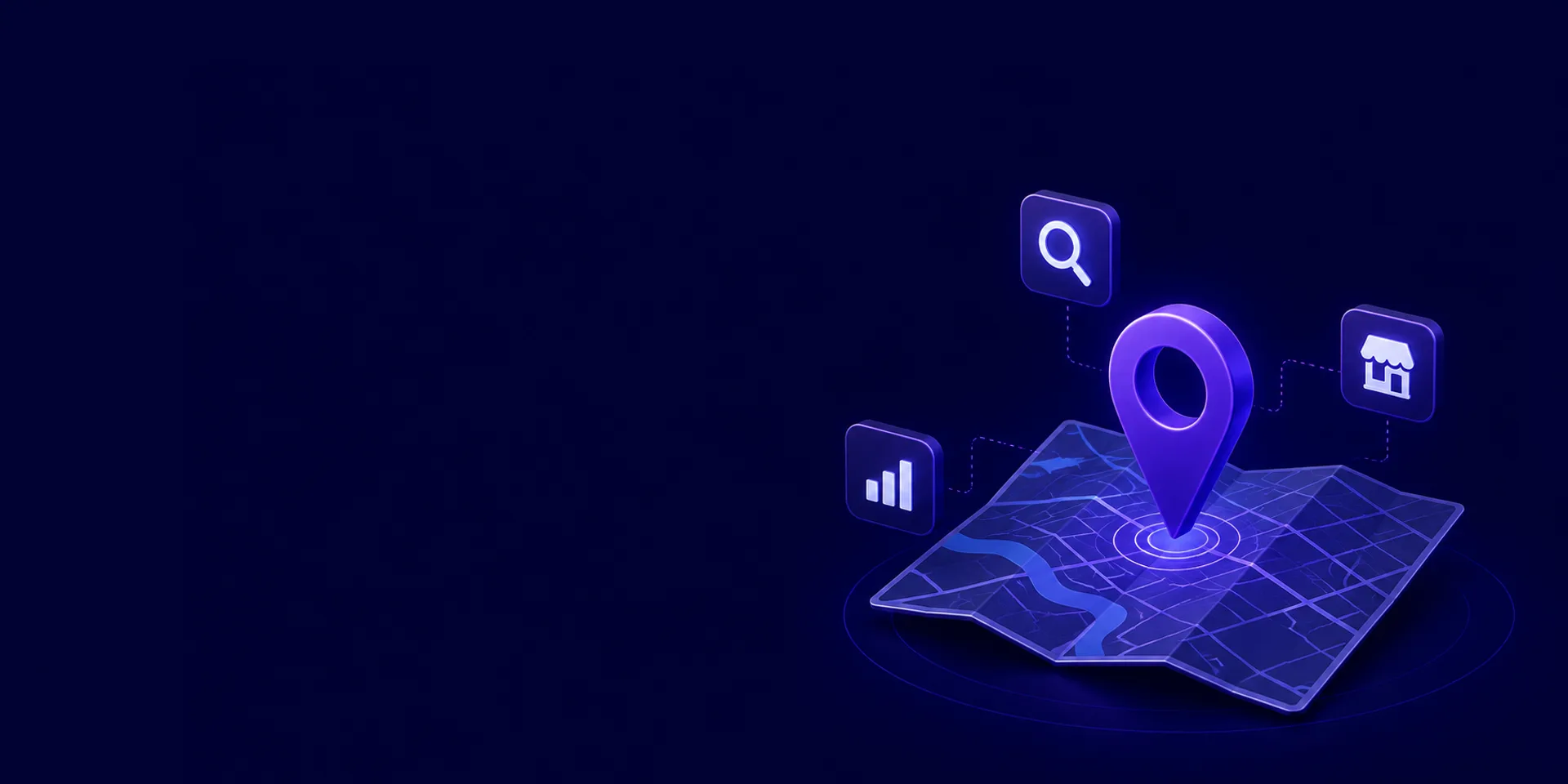 Map with location pin, search, analytics and storefront icons for local SEO