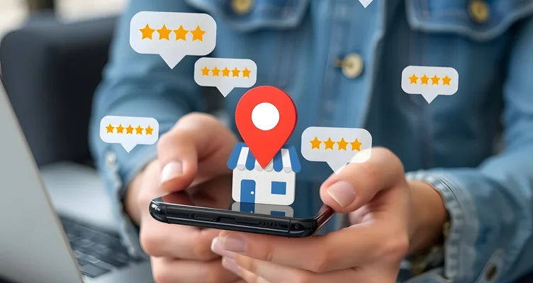 Customer checking local business reviews on a phone