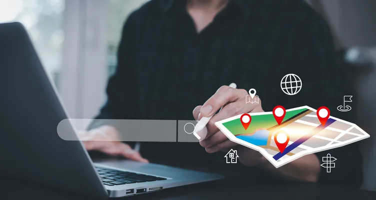 Smartphone with map location pins for AI local search