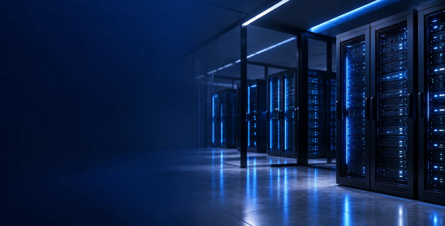 Blue-lit managed web hosting server room